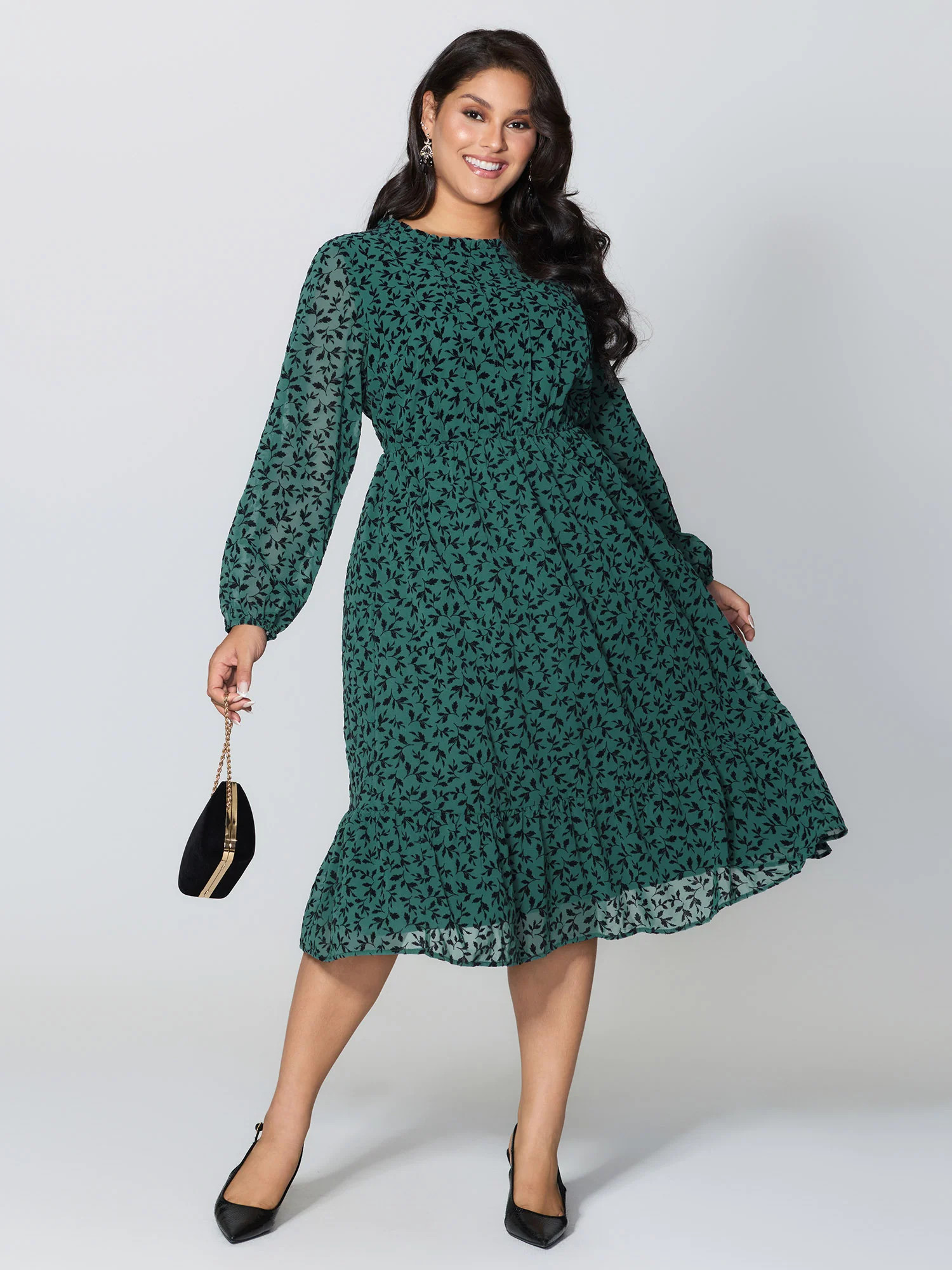 Flocked Floral Shirred Ruffled Neck Midi Dress | Bloomchic