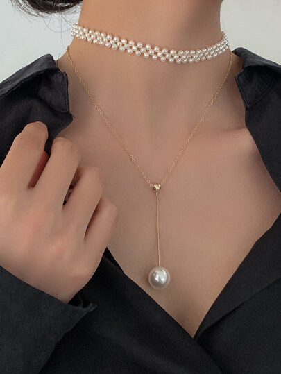 2pcs Faux Pearl Beaded Necklace | SHEIN