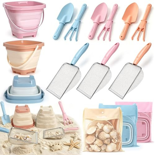 Beach Sand Toys Mesh Shovel Set for Kids, 3 Pack Collapsible Sand Buckets and Filter Sand Scooper with Mesh Bag for Shell Collecting, Shark Tooth Sifter Dipper Sandbox Toys for Toddlers Boys Girls | Amazon (US)
