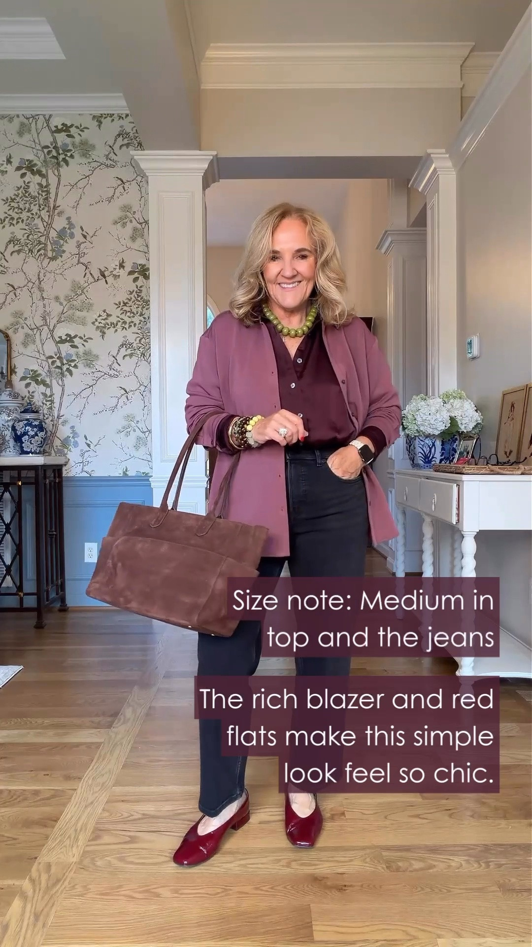 Use code LTK20 for 20% off your full priced spanx order

Okay, I really like these colors together. The dusty rose blazer and burgundy top feel so good with dark denim, and I’m wearing a medium in both the top and jeans.