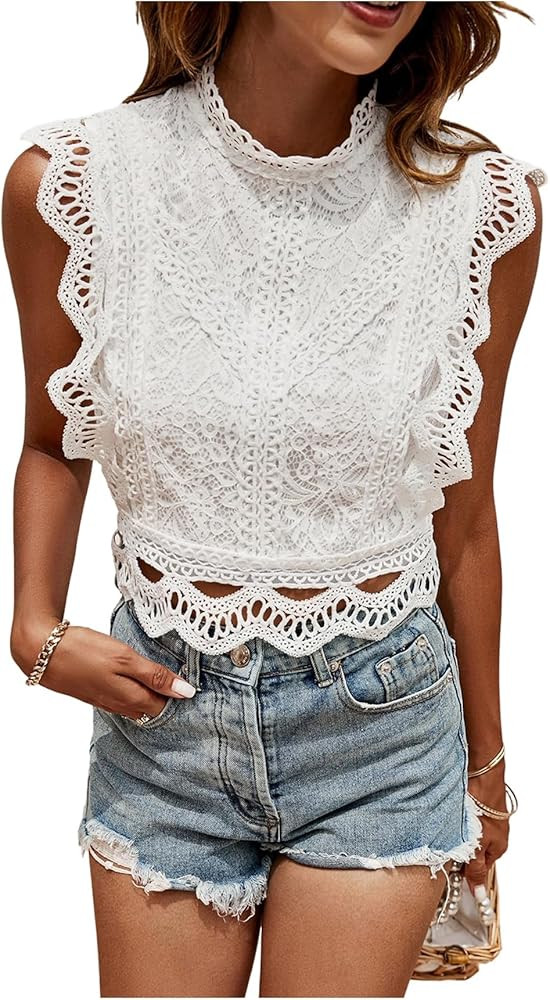 GORGLITTER Women's Eyelet Tops Open Back Crochet Crop Tank Tops Sleeveless Lace Trim Ruffle Blous... | Amazon (US)