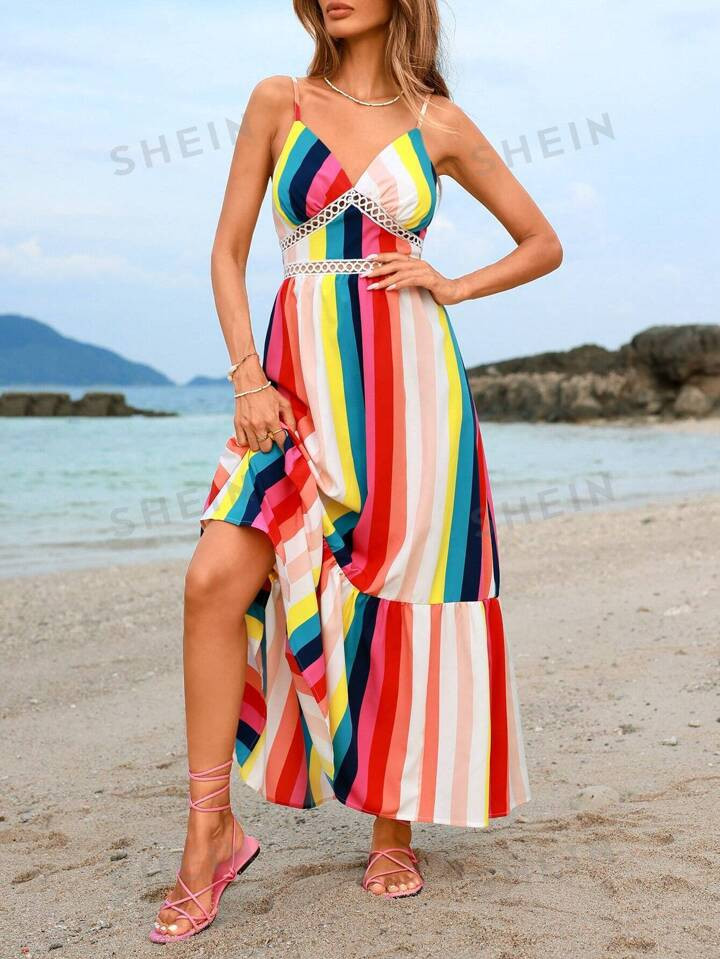 SHEIN VCAY Rainbow Striped Vacation Style Women's Spaghetti Strap Dress | SHEIN