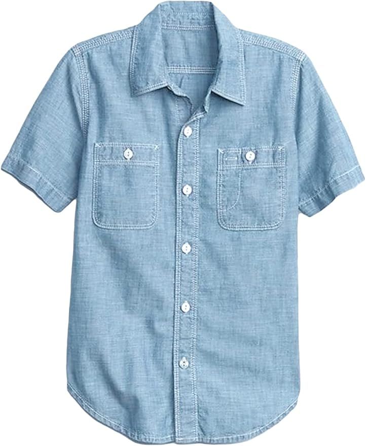 Boy's Denim Shirt Beach Short Sleeve Button Down Denim Tops Plain Summer Casual Cowboy Snap T-Shi... | Amazon (US)