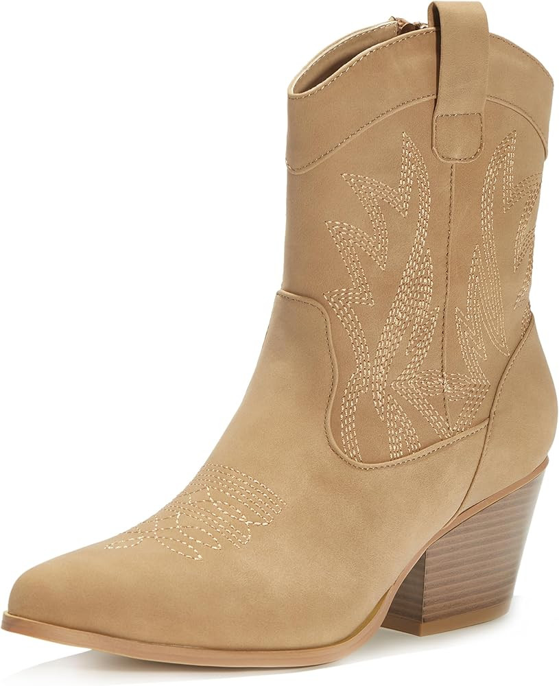PEPPEP Western Cowgirl Cowboy Ankle Boots for Women or Ladies, Mid Calf, Vegan Leather Embroidere... | Amazon (US)