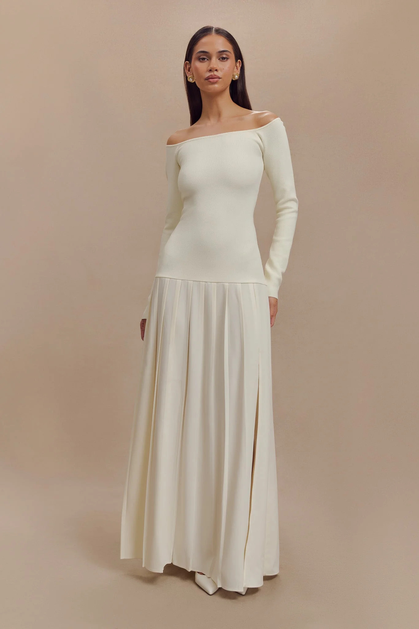 Knit Off Shoulder Maxi Dress - Ivory | MESHKI US