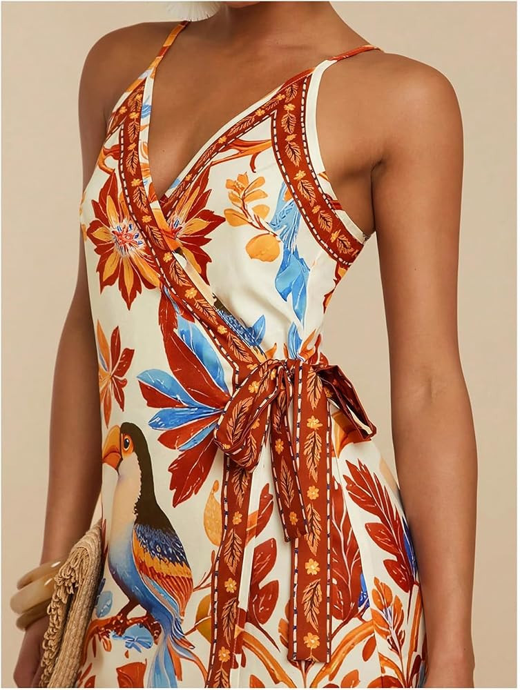 RoseSeek Women's Tropical Print Cami Dress Sleeveless Wrap V Neck Tie Knot Boho Short Dresses | Amazon (US)