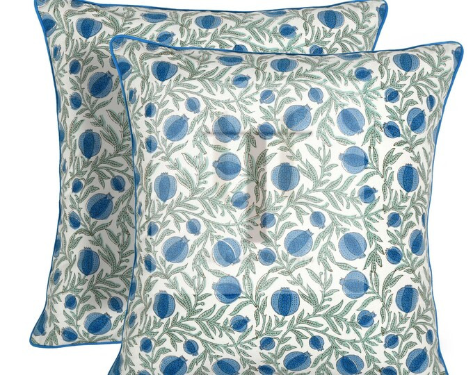 Queen Blue Floral Cotton Pillow Cover – Hand Block Print Cushion With Flap & Piping, Boho Farmh... | Etsy (US)