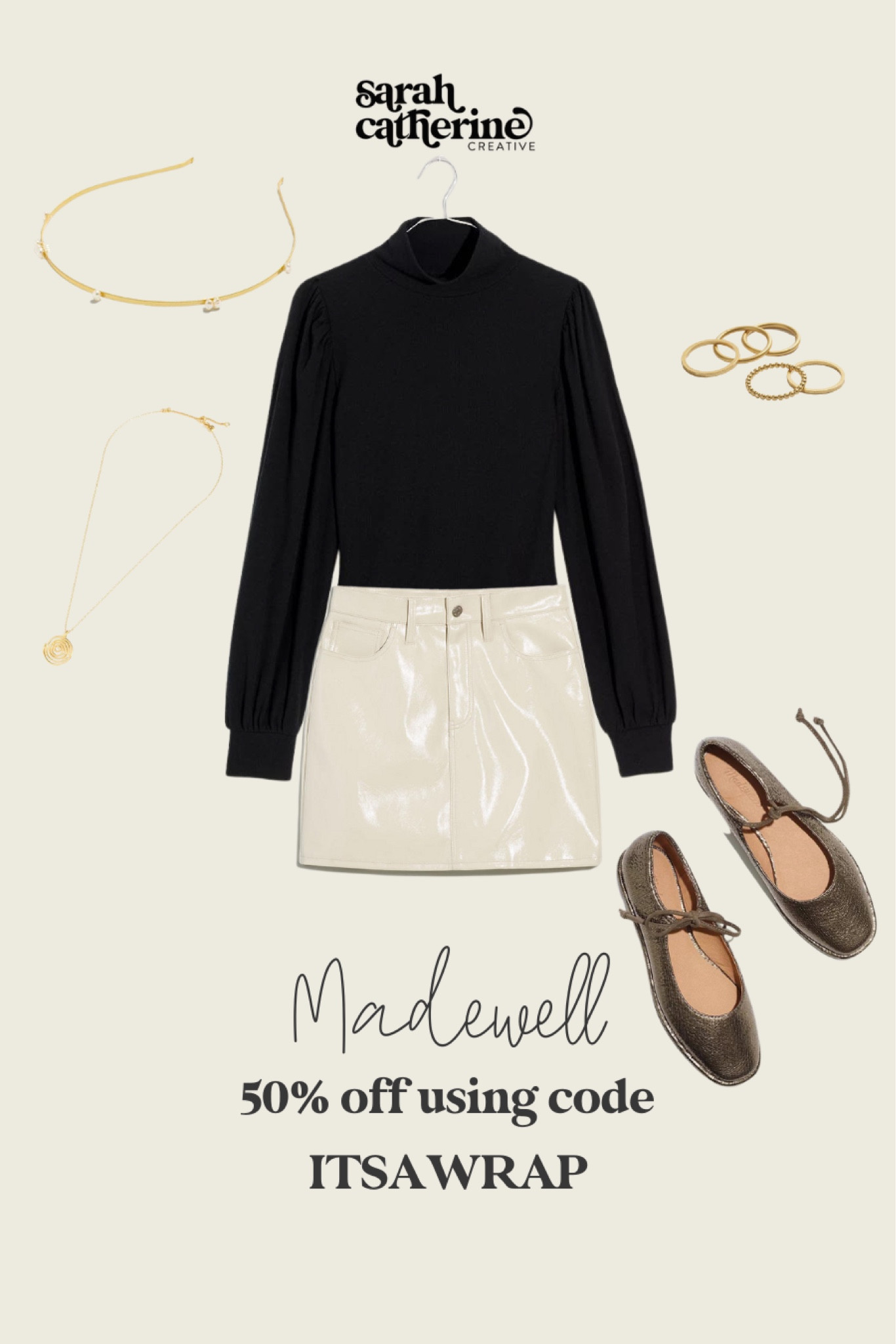festive winter outfit inspiration | party outfit | black long sleeve turtleneck bodysuit | white leather skirt | gold jewelry | good rings | gold necklace | gold pearl headband | easy outfit | party outfit | new year eve outfit |  NYE | simple style | winter fashion | winter style | neutrals | white sneakers | madewell | deal alert | coupon code | madewell sale | on sale 

#LTKunder100 #LTKSeasonal #LTKsalealert