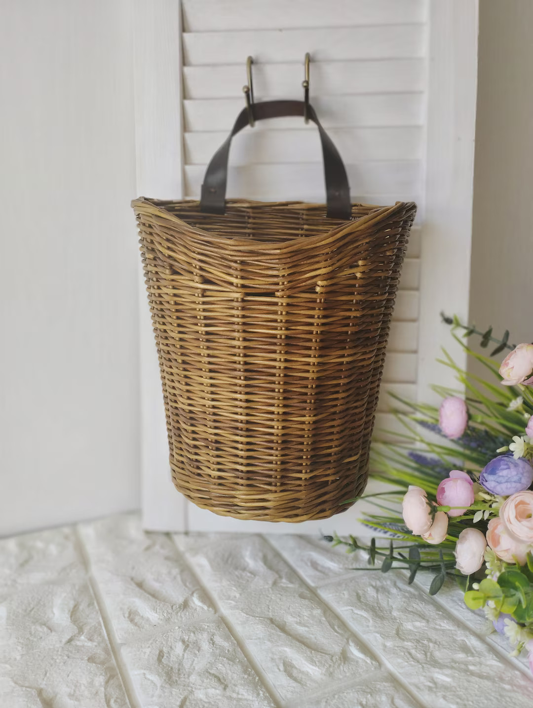 Basket on the Door. Rounded Flower Basket. Wicker Basket of Motley Color, Decoration of the Front... | Etsy (US)