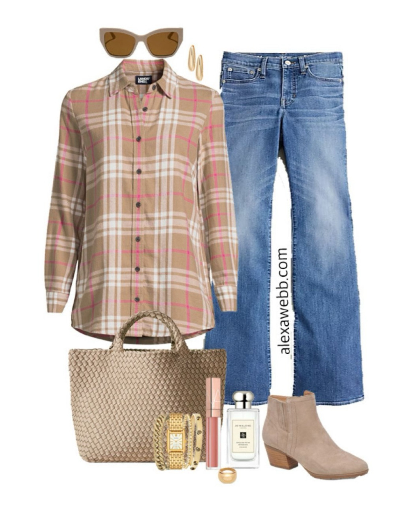 Plus Size Flannel & Pink Sweater Outfits - A plus size casual outfit for fall into winter with a plaid flannel shirt, bootcut jeans, trendy woven tote bag, and ankle booties. Alexa Webb #plussize

#LTKStyleTip #LTKSeasonal #LTKPlusSize