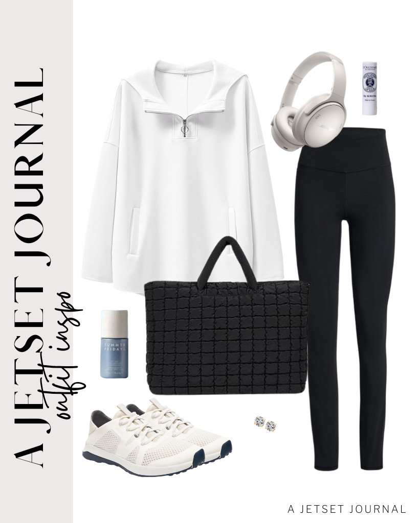 I’m particularly fond of this combination of a white ANRABESS oversized hoodie sweatshirt and black leggings. I saw this quilted duffle bag and Bose QuietComfort headphones that vibe with this fit. 

 #LTKSeasonal #LTKSaleAlert #LTKTravel