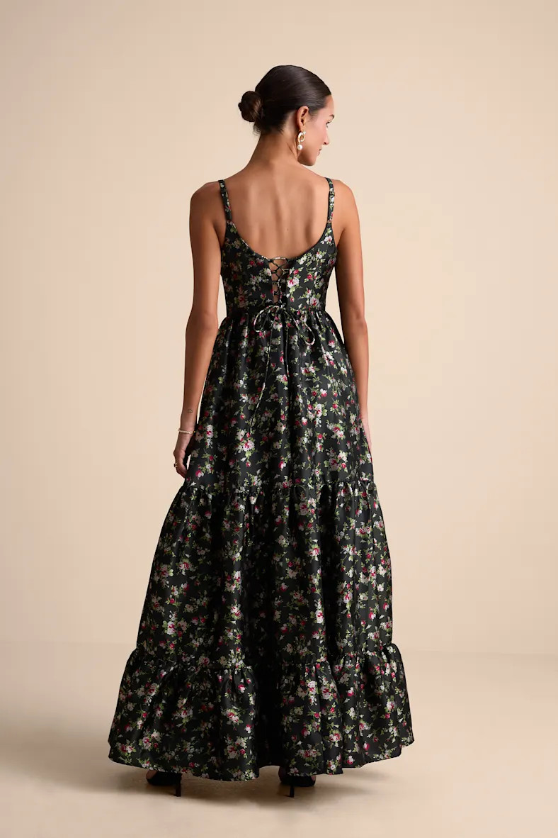 Avalie Black Floral Tiered Bustier Maxi Dress | Lulus