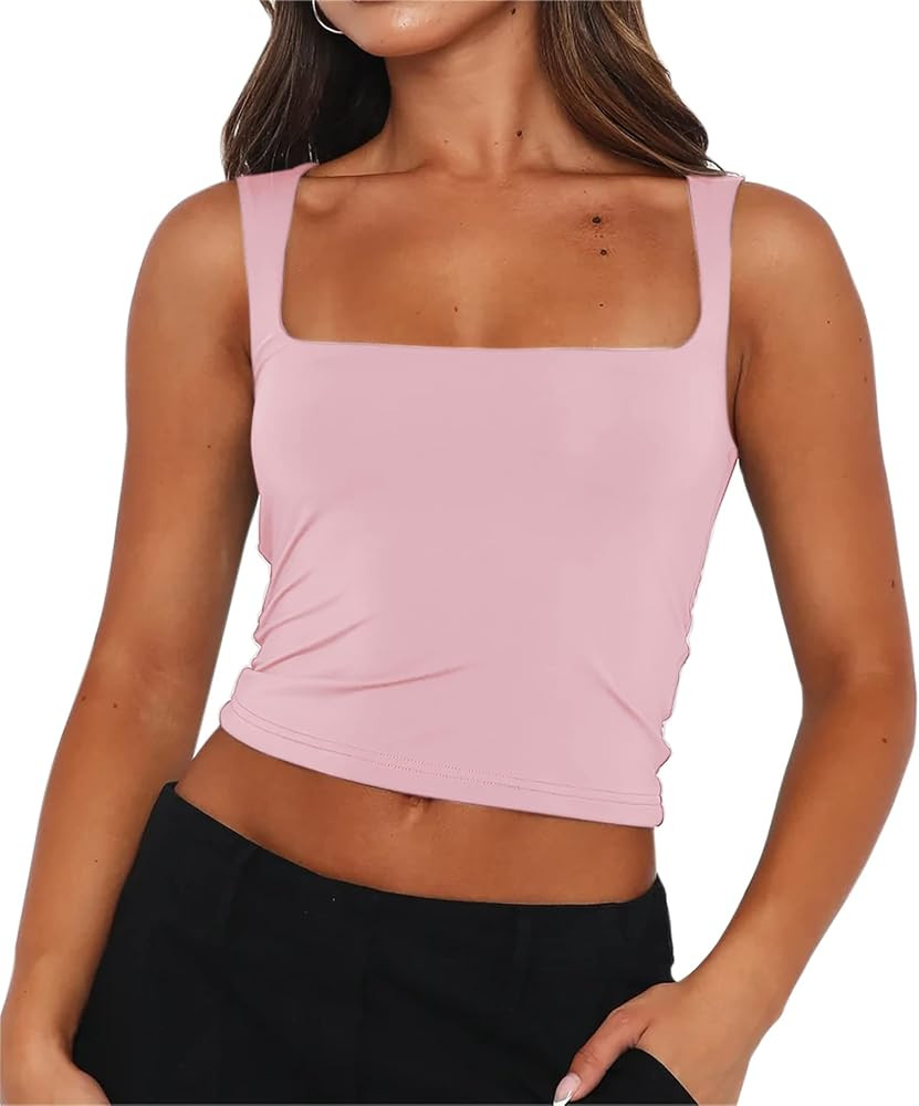 Cioatin Women’s Basic Sleeveless Strappy Scoop Neck Crop Tank Top Y2K Skinny Workout Cropped Cami Sh | Amazon (US)