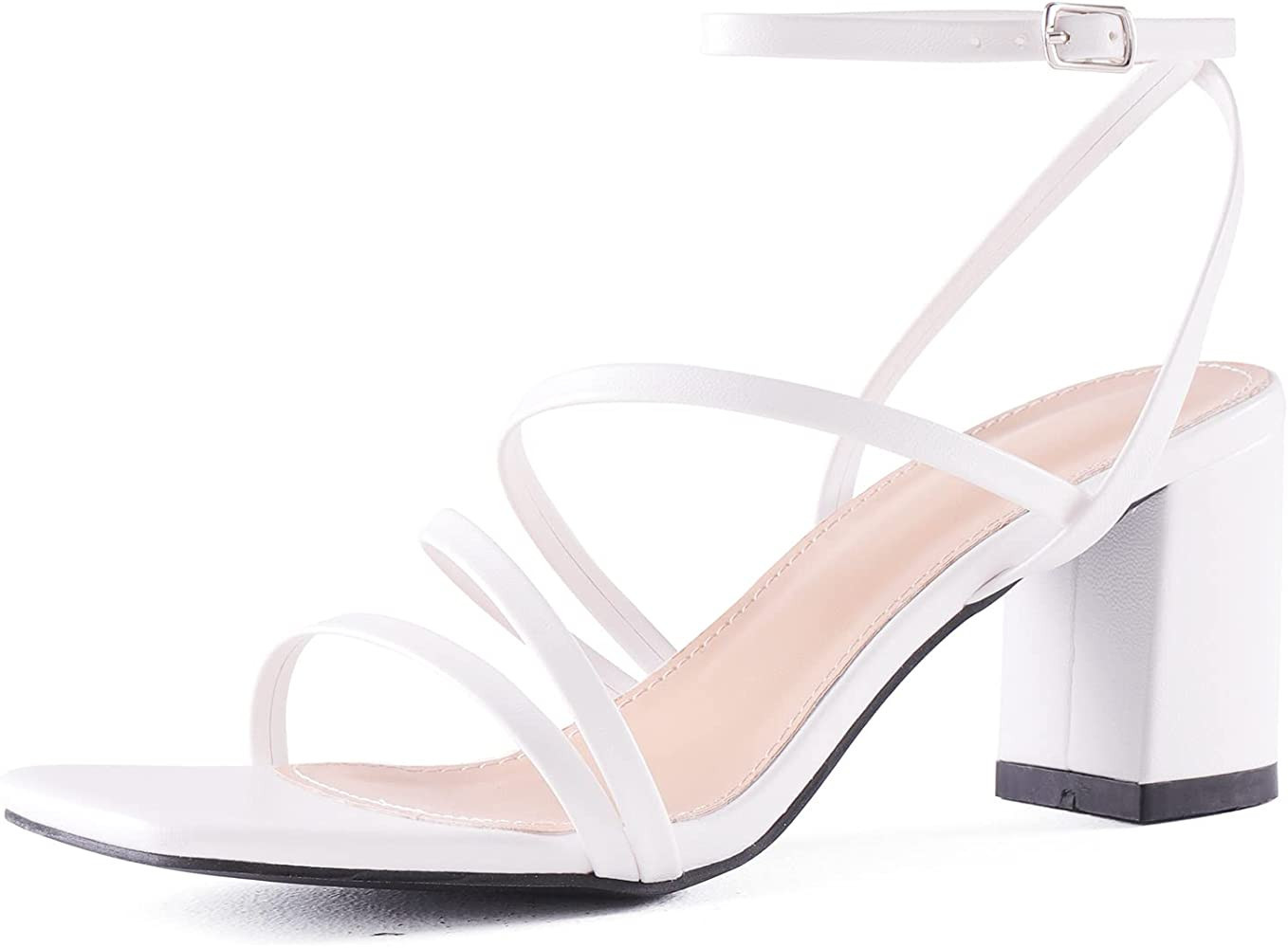 LACUONE Women's Mid Heels Square Toe Chunky Block Heeled Strappy Ankle Buckle Pump Sandals | Amazon (US)