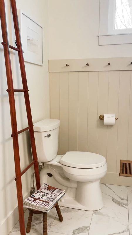 Our new shiplap accent wall is complete with a new toilet paper holder and white oak vent cover!  

Accent wall shiplap panel.  Mission style wooden pegs.  12X24 porcelain floor tile.  Kohler toilet.  Wooden ladder.  Antique brass toilet paper holder.  White oak vent cover.  Amazon finds.  

#LTKfindsunder50 #LTKhome #LTKVideo
