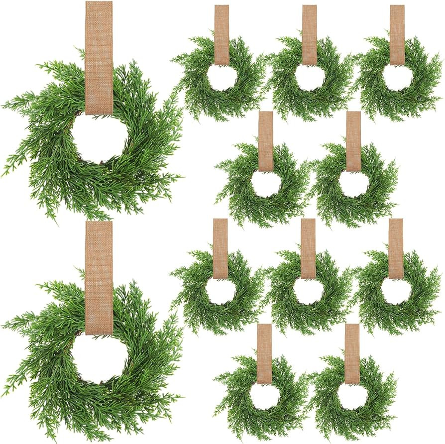 12 Pcs 7.87 Inch Small Christmas Cabinet Wreaths with Ribbon, Mini Wreath for Kitchen Window Chai... | Amazon (US)