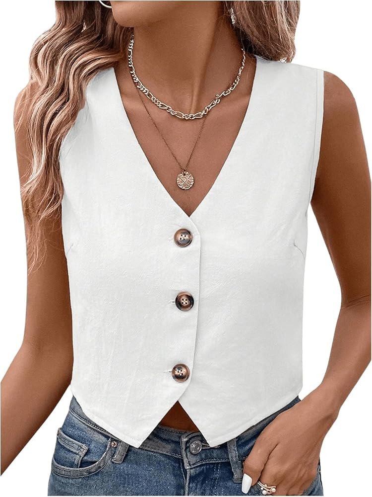 SOLY HUX Women's Button Down Sleeveless Vest V Neck Crop Tank Tops Business Work Waistcoat | Amazon (US)
