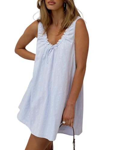 Womens Babydoll Tank Dress Y2k Lace Trim V Neck Mini Dress Loose Aesthetic Sleeveless Flowy Backless Short Sundress (Cute Blue, S) | Amazon (US)