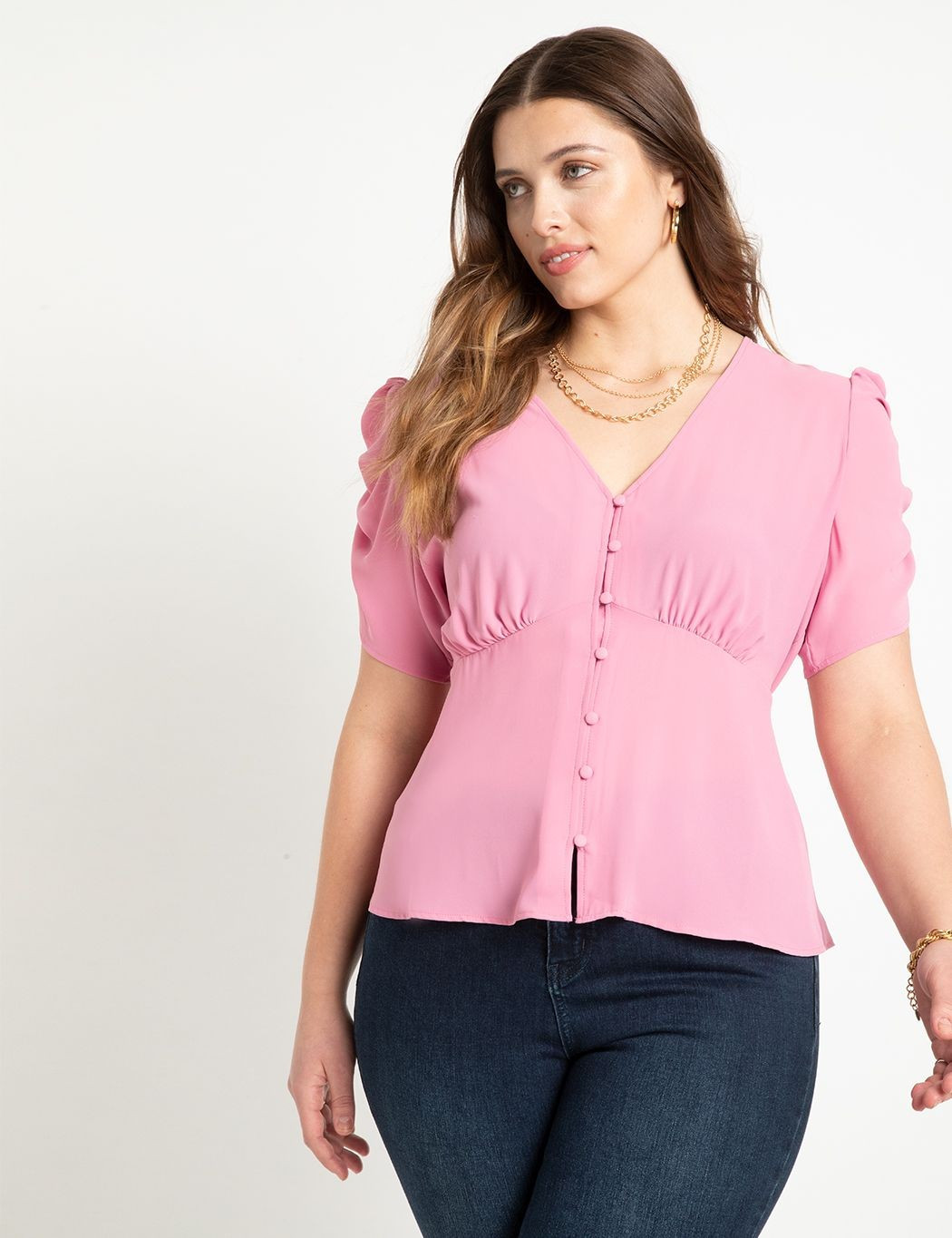 V Neck Flat Peplum With Shirred Sleeve | Women's Plus Size Tops | ELOQUII | Eloquii