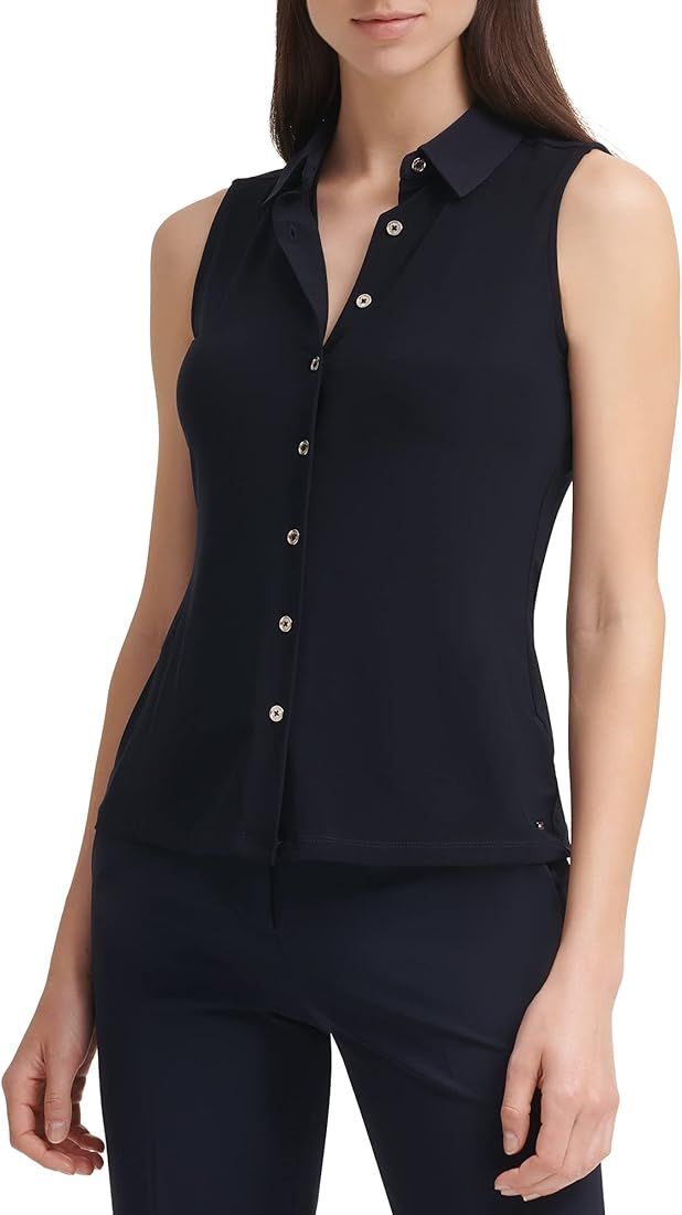 Tommy Hilfiger Women's Classic Collared Button Front Sleeveless-Knit Top | Amazon (US)