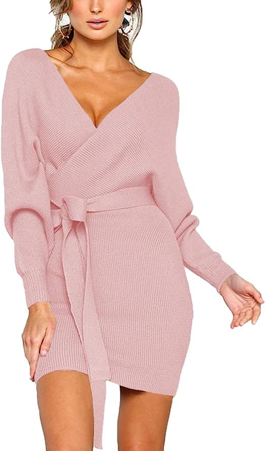 Mansy Women's Sexy Cocktail Batwing Long Sleeve Backless Mock Wrap Knit Sweater Mini Dress | Amazon (US)