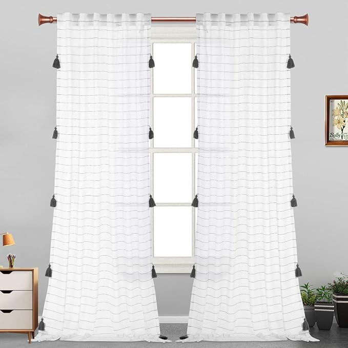 LORDTEX Handmade Tassels Sheer Curtains for Bedroom - Textured Faux Linen Curtains, Belgian Linen... | Amazon (US)