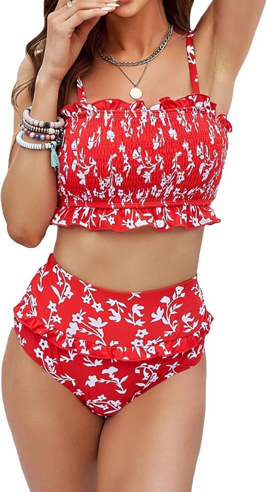 Aleumdr Womens 2 Pieces Bandeau Bikini Swimsuits Off Shoulder High Waist Bathing Suit | Amazon (US)