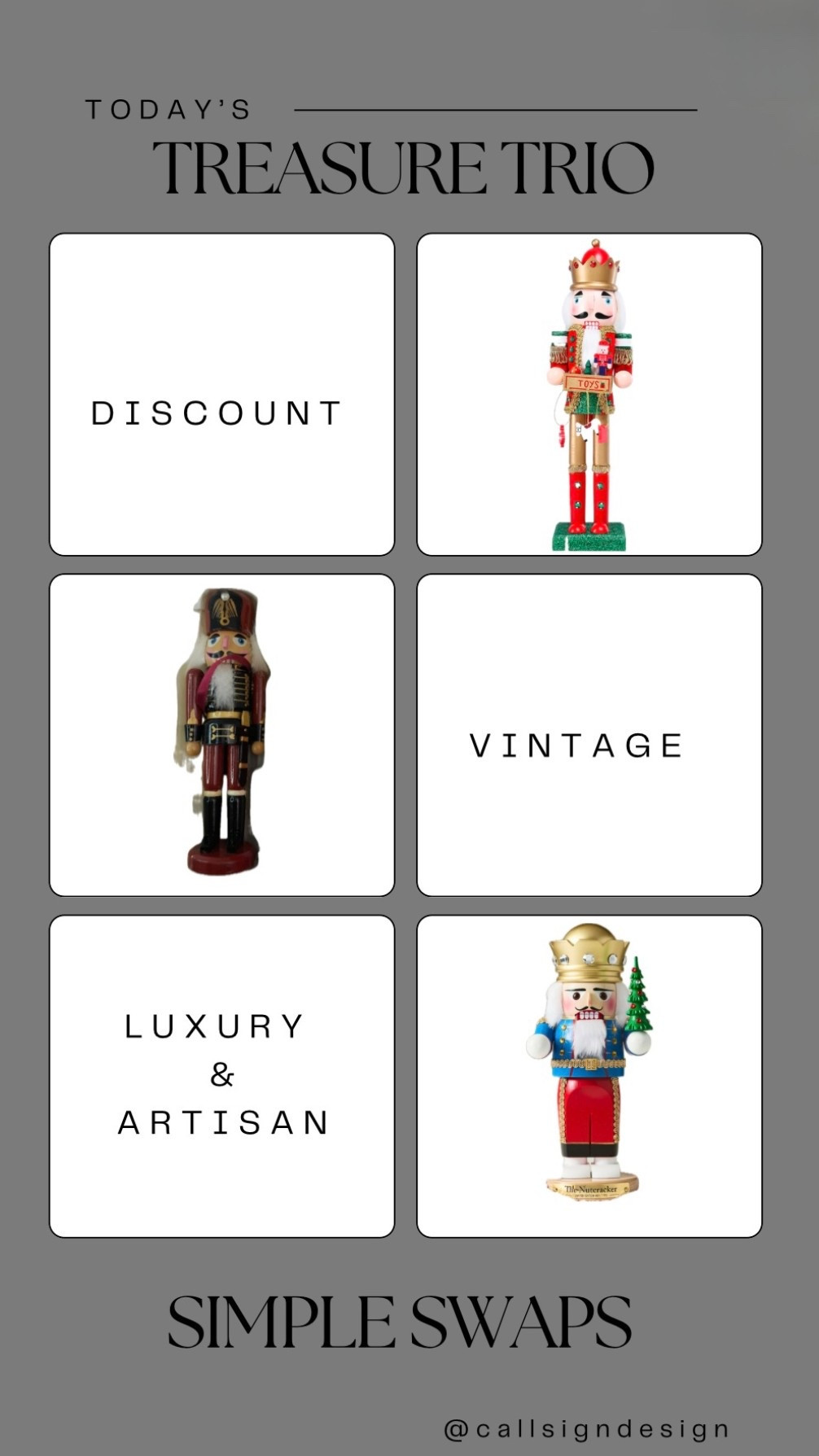 Get into the holiday spirit with these festive nutcrackers. Perfect for your Christmas decor! Shop now and spread the cheer. 🎄✨

#Christmas #ChristmasDecor #WhiteChristmas #TraditionalChristmas #VintageChristmas #CallSignDesign #Vintage #Luxury #InteriorDesign #InteriorDecorating #Elegance #Chandelier #OldWorldCharm #DesignStyle #CastleCore #OldWorldCharm  #SimpleSwaps