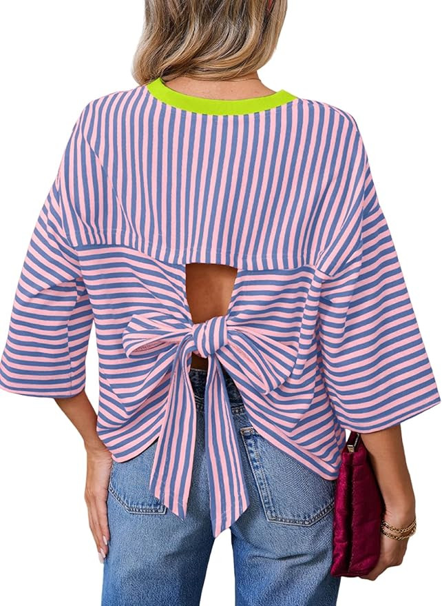 Dokotoo Womens Tops 2026 Striped Tie Back Short Sleeve T Shirts Crewneck Casual Loose Basic Tee S... | Amazon (US)
