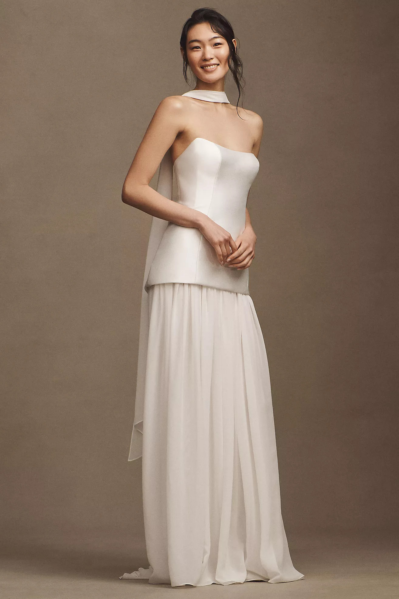 Jenny Yoo Stormy Strapless Drop-Waist Chiffon Skirt Wedding Gown with Scarf | Anthropologie (US)