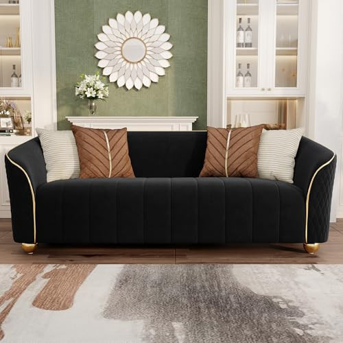 Luxury 3 Seater Retro Velvet Sofa Couch, 86" Comfy Upholstered Velvet Loveseat with Gold Metal Legs and Pillows, Curved Sectional Sofa Couch for Living Room Bedroom Office Apartment (Black, 3-Seater) | Amazon (US)