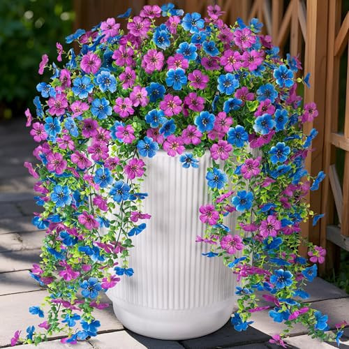 Artificial Flowers for Outdoors Home Decor, 2 Packs Faux Daisy Silk Flower Realistic Fake Plants for Front Porch Courtyard Outside Hanging Floral Spring Summer Fake Planter Decoration (Purple Blue) | Amazon (US)