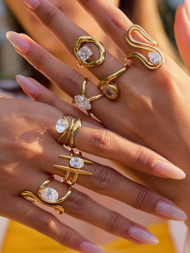 Women's Simple Light Luxury Line Design Zirconia Ring 18K Gold-Plated Stainless Steel Fashion Jewelry For Party Vacation ﻿ | SHEIN
