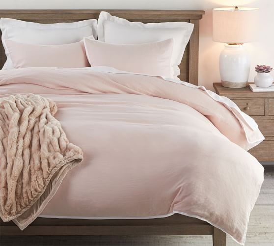 Belgian Flax Linen Contrast Flange Duvet Cover & Shams - Soft Rose/White | Pottery Barn (US)