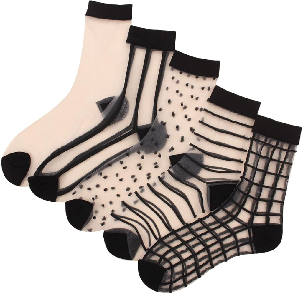 Verdusa Women's 5 Pairs Striped Plaid Mesh Sheer Socks | Amazon (US)
