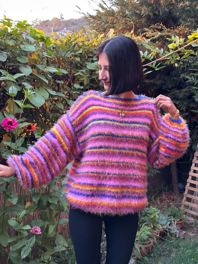 Fluffy Colorful Oversized Knitted Sweater, Handmade Balloon Sleeve Jumper, Soft Multicolor Cozy P... | Etsy (US)