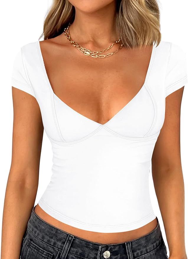 Zeagoo Womens 2024 Sexy Deep V Neck Tops Short Sleeve Slim Fit Backless T Shirts Cute Y2k Corset ... | Amazon (US)