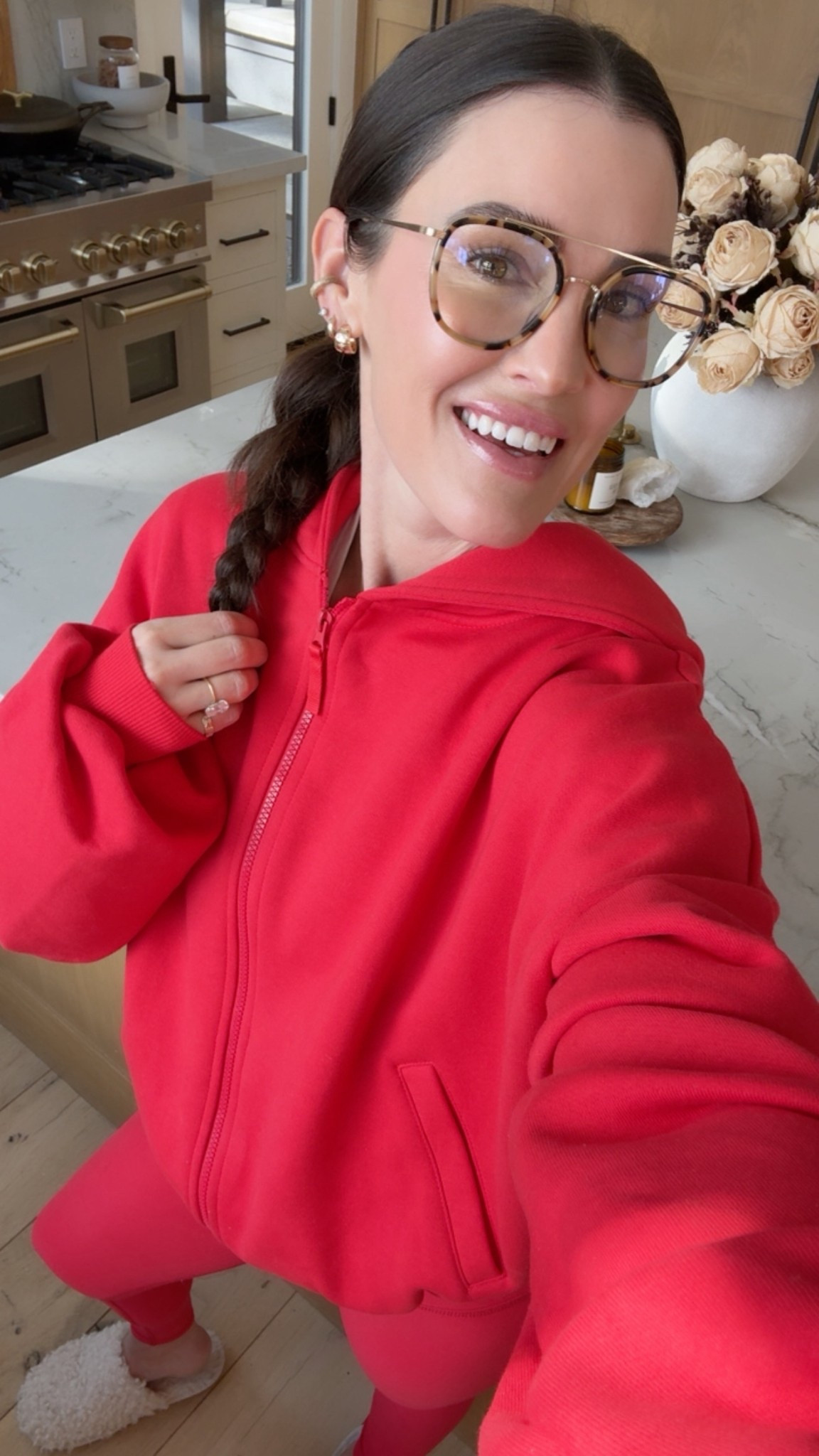 All red ootd ❤️
Target zip hoodies - runs big / wearing a s
Leggings - wearing a s
Amazon slippers
Gold earrings
Blue light blocking glasses 

#LTKValentine #LTKootd