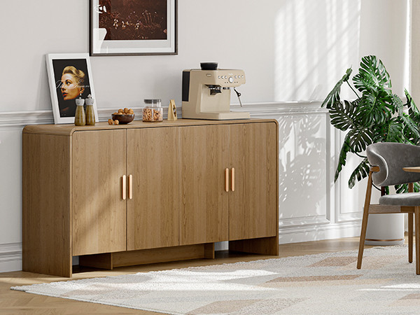 ONBRILL 60" Sideboard Buffet Cabinet with Storage, Curved Design Farmhouse Coffee Bar Cabinet with 4 Doors & Adjustable Shelves for Living Room, Kitchen, Hallway, Oak | Amazon (US)