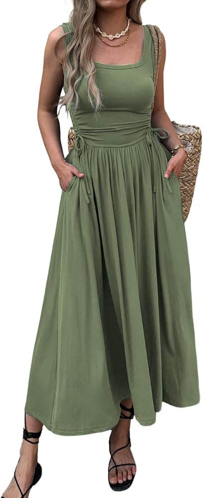 Women’s Boho Summer Maxi Dress with Pockets, Adjustable Waist, Sleeveless Casual Ruched Sundres... | Amazon (US)