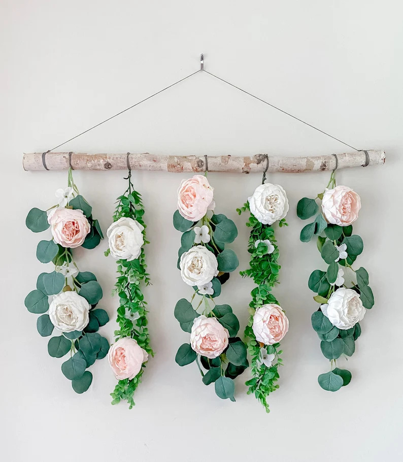 Flower wall hanging, floral wall hanging, eucalyptus wall decor,boho wall decor, floral backdrop,... | Etsy (US)