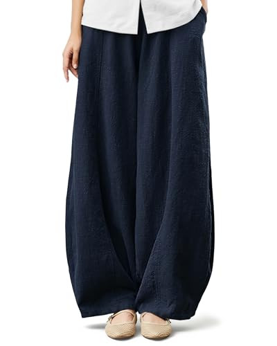 Tapata Tall Womens 34" Inseam Baggy Barrel Linen Pants Casual Lounge Boho Harem Flowy Bottoms Travel Outfits, Navy Blue, S | Amazon (US)