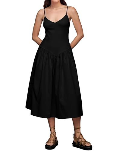 MISSACTIVER Spaghetti Strap Maxi Dress for Women Sleeveless V Neck Knit Patchwork Dresses Summer Flowy Long Cami Dress Black | Amazon (US)