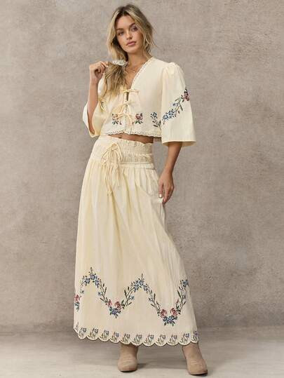 WESTFADE Ruffle Drawstring Waist A-Line Floral Embroidered 100% Cotton Midi Skirt Spring, Resort ... | SHEIN