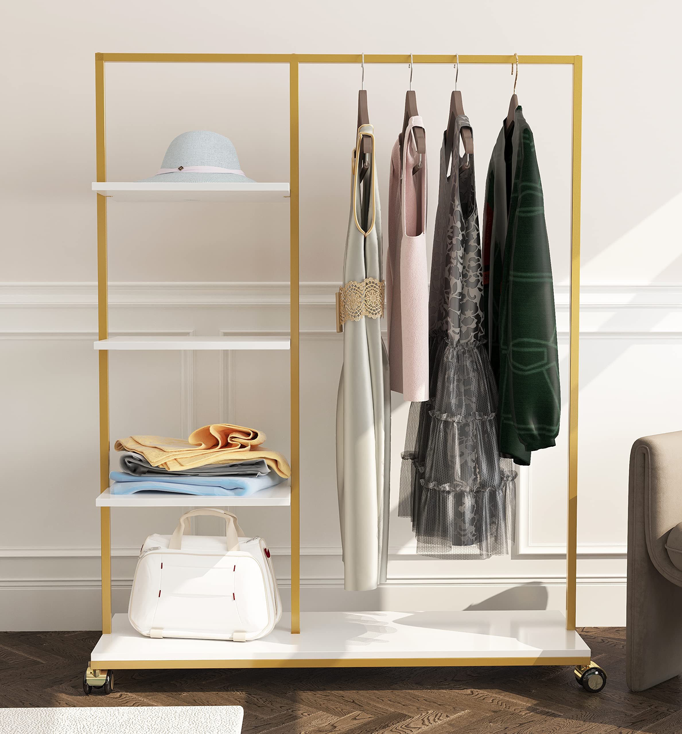HOMEKAYT Gold Clothing Rack with Shelves Heavy Duty Garment Rack 4-tier Gold Clothes Rack Modern ... | Amazon (US)