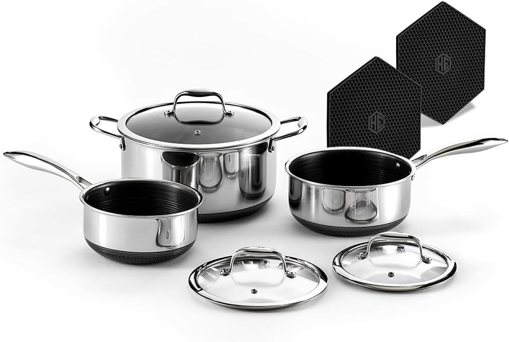 HexClad Hybrid Nonstick 6-Piece Pot Set with Trivets, 2, 3, and 8-Quart Pots with Tempered Glass Lids, 2 Silicone Trivets Included, Dishwasher Safe, Compatible with All Cooktops | Amazon (US)
