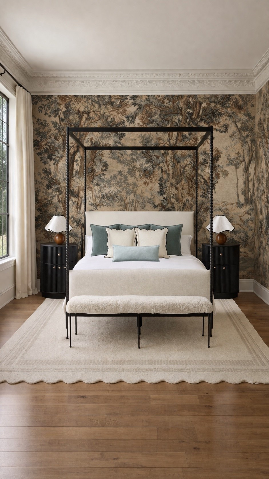 Bedroom design 

Wallpaper, bed frame, nightstands, bench, scalloped rug, table lamps, throw pillows 

#LTKHome