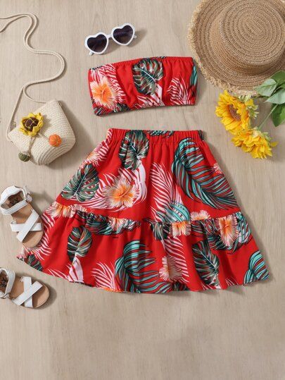 SHEIN Toddler Girls Tropical Print Tube Top & Ruffle Hem Skirt | SHEIN