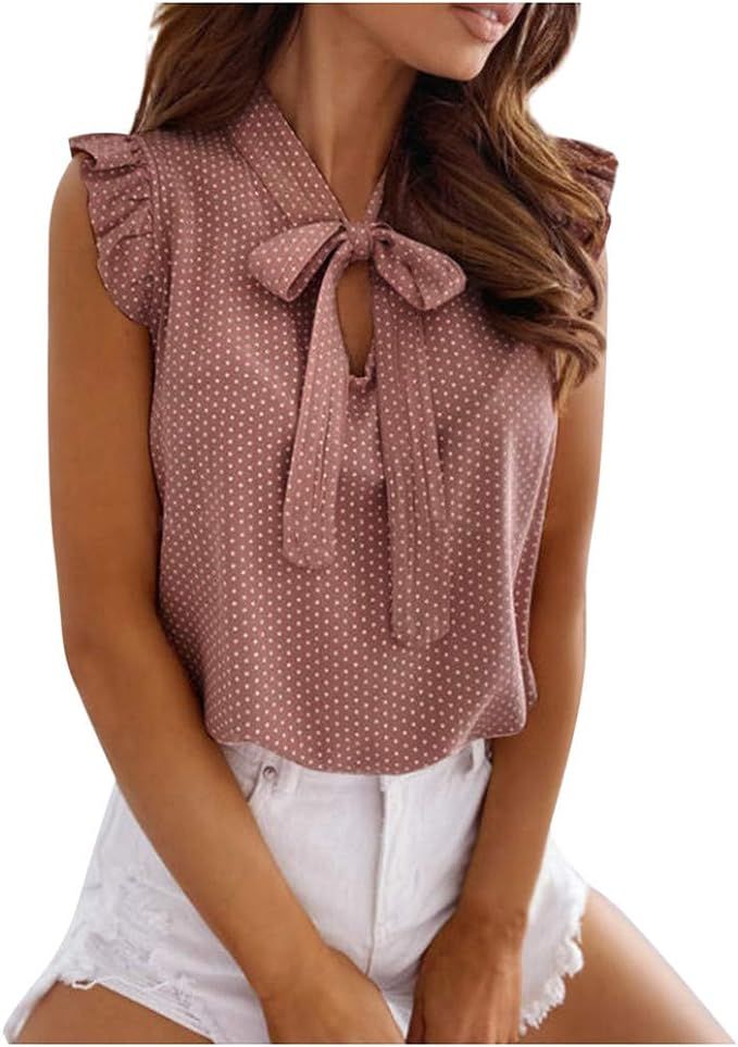 Janly Clearance Sale Women Summer Vest , Women's Bowknot Polka Dot Ruffle Frill Sleeveless Tops T... | Amazon (UK)