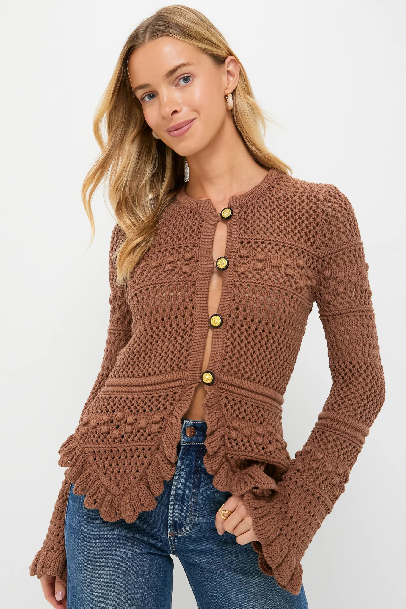Dark Cinnamon Swirl Kiva Open Stitch Ruffle Cardi | Tuckernuck (US)